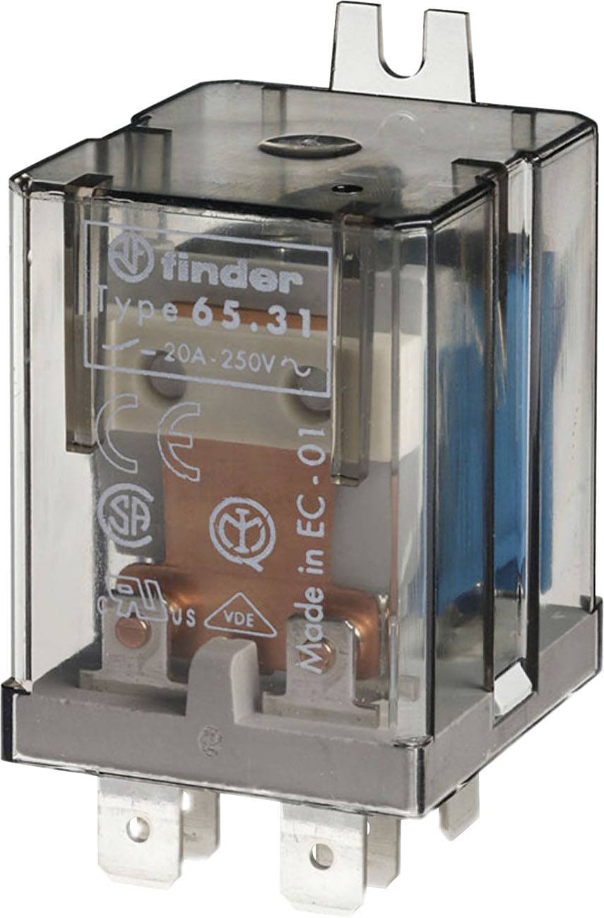 Ein transparentes Relaisgehäuse mit dem Aufdruck 'Finder Typ 65.31', geeignet für 20A, 250V Anwendungen. Zertifikate sichtbar.