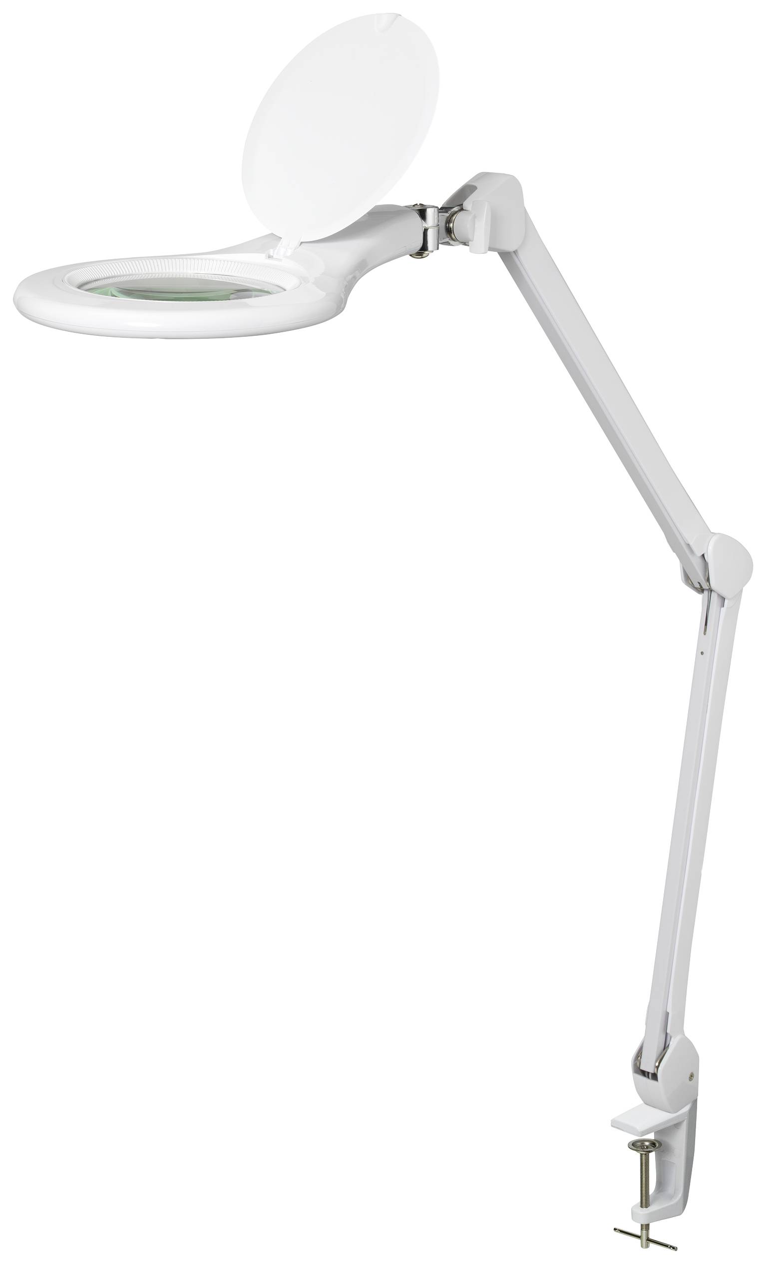 Verstellbare weiße Lupenlampe mit Klemmbefestigung, geeignet für präzise Arbeiten oder als Leselupe.