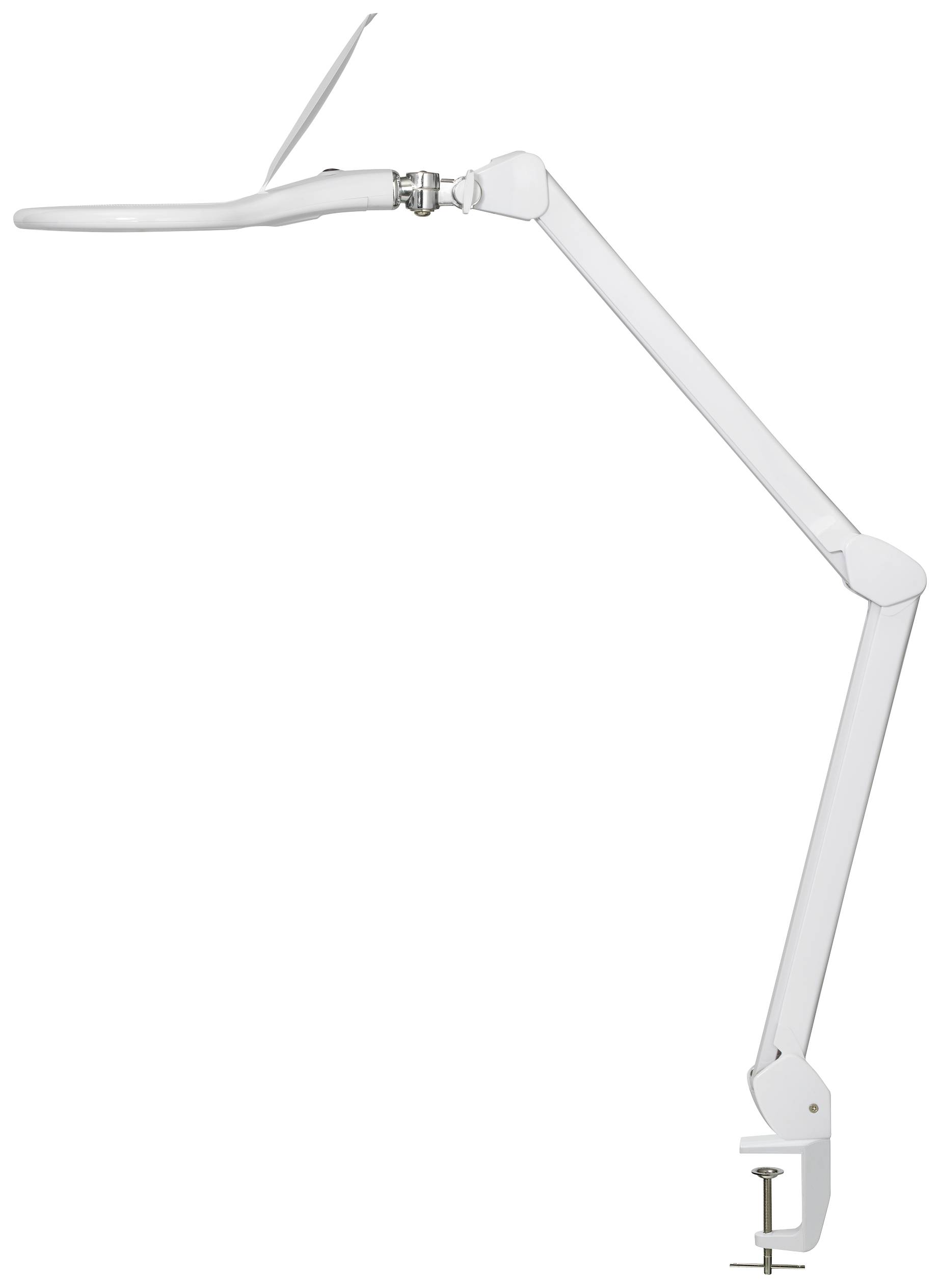 Ein verstellbarer weißer Lampenarm mit Klemme zur Befestigung an einem Tisch oder Schreibtisch, geeignet für unterschiedliche Beleuchtungswinkel.