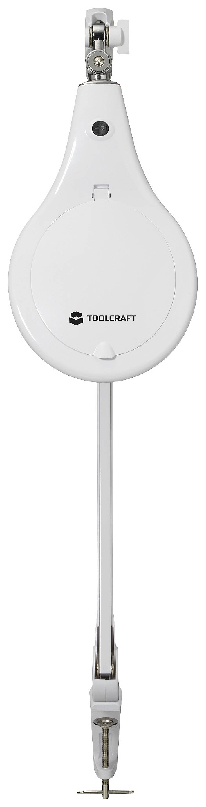 Ein weißer, ovaler elektrischer Motor von Toolcraft mit einer Aufhängung oben und zwei Metallklammern unten.