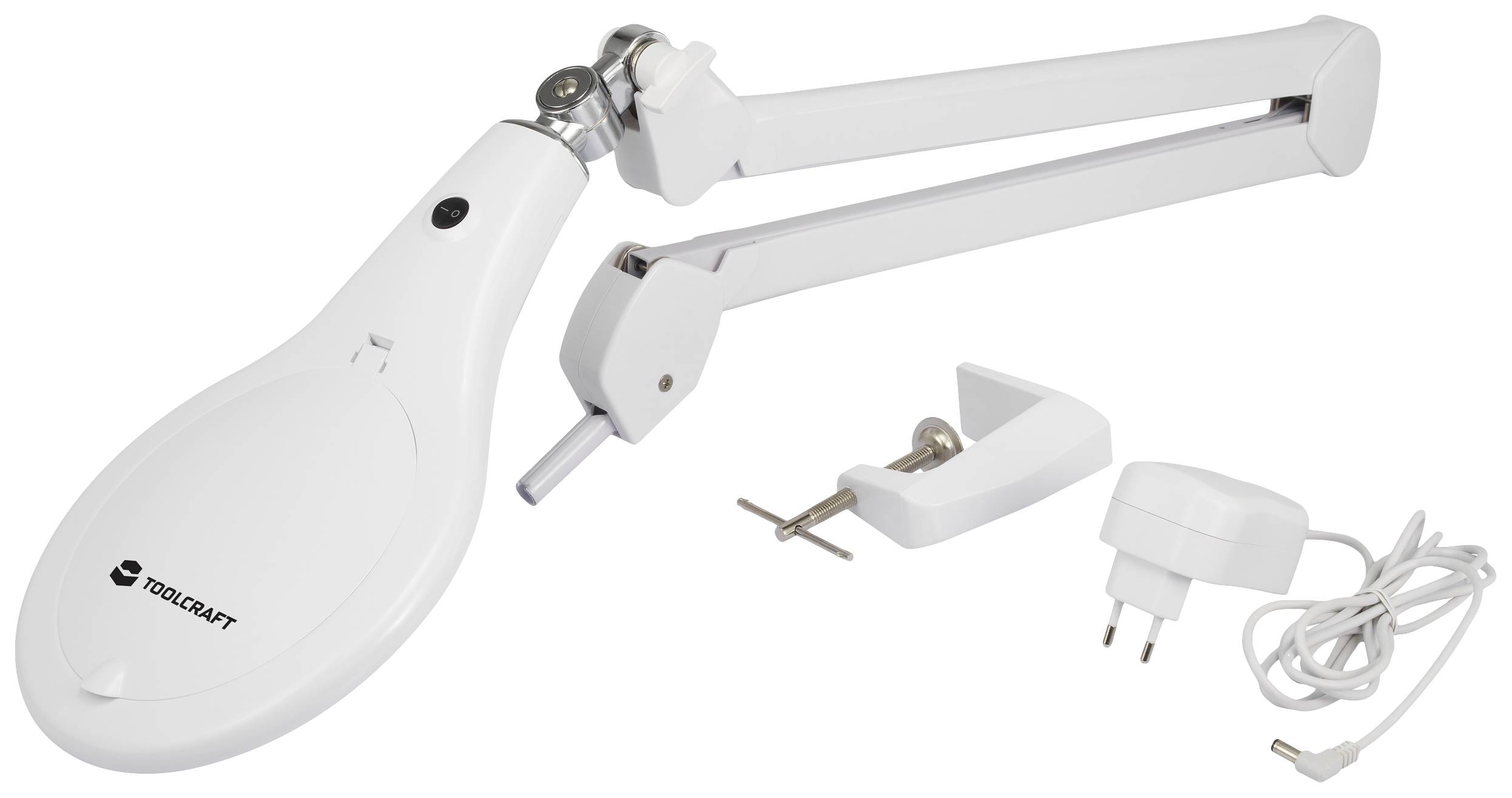 Lampe mit verstellbarem Arm, Tischklemme und Netzteil, bereit zur Montage.