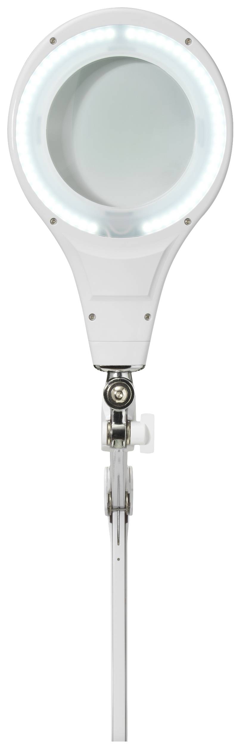 Eine runde Lupenleuchte mit einem verstellbaren Arm und einer leuchtenden LED-Ringbeleuchtung für genaue Sichtprüfung.