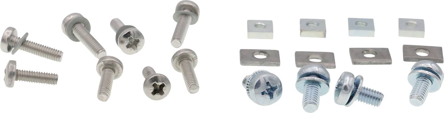 Verschiedene Arten von Metallschrauben und -muttern, unterteilt in zwei Gruppen. Links sind flache Schrauben, rechts sind Schalterschrauben und Muttern.