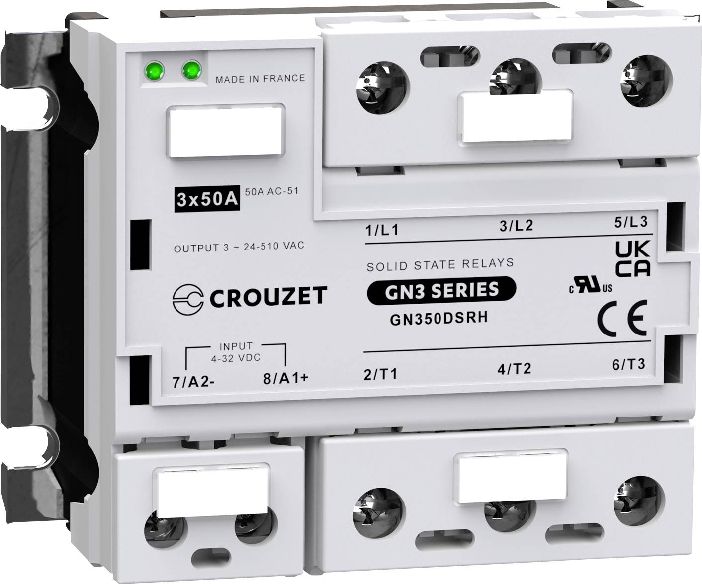 Elektrisches Solid-State-Relais von Crouzet, Modell GN3 Series. Vorderansicht zeigt technische Spezifikationen und Anschlüsse.