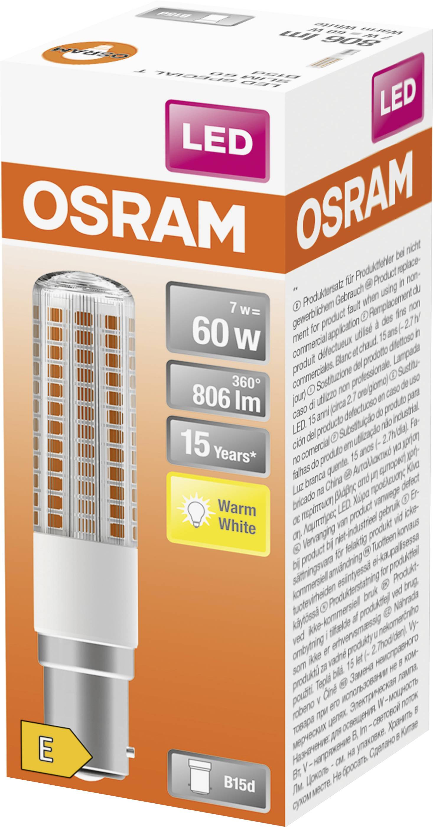 OSRAM 4058075606968, AC32095 LED EEK E (A - G) B15d Kolbenform 7 W = 60 W Warmweiß (Ø x L) 18 mm x 90 mm 1 St.