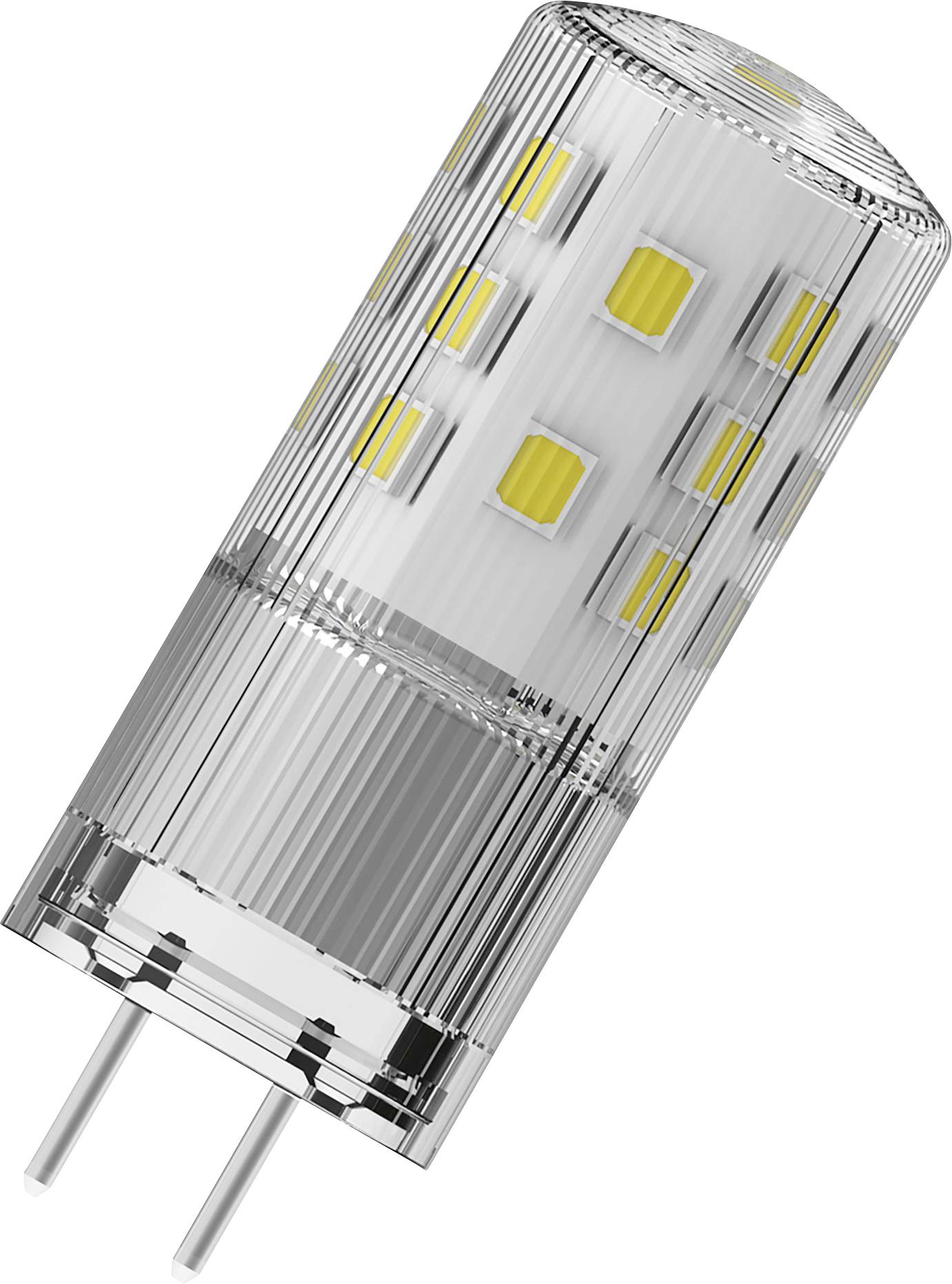 LED-Lampe mit zylindrischem, transparentem Gehäuse und zahlreichen gelben Leuchtpunkten auf silbernem Sockel.