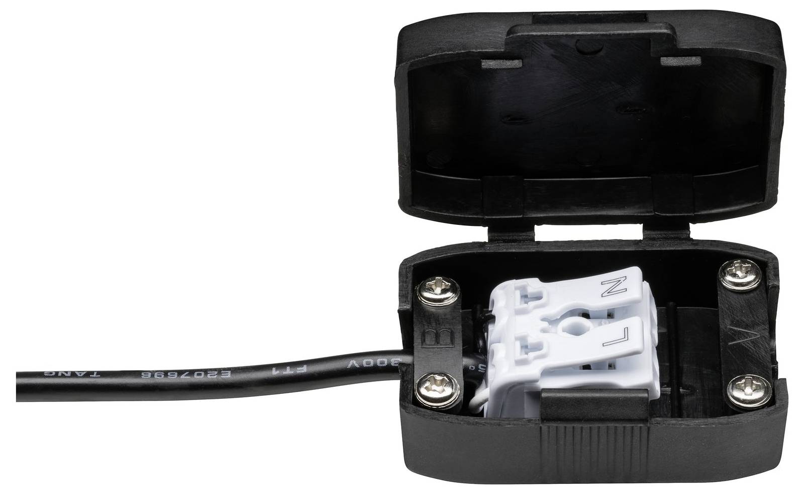 Schwarze Plastikdose mit offenem Deckel, eine verbaute Steckverbindung sichtbar, zwei Schrauben zur Befestigung. Kabel angeschlossen.