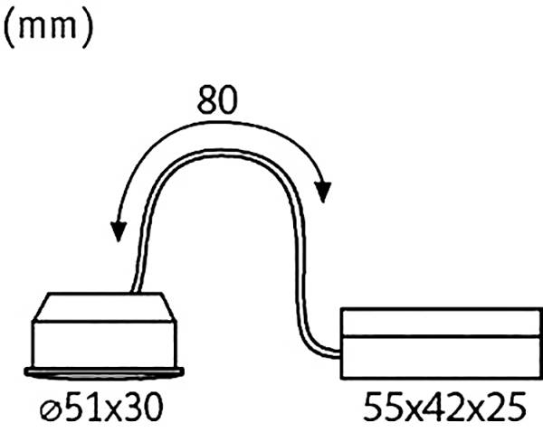 Diagramm zeigt zwei geometrische Formen, verbunden durch eine gebogene Linie. Maße: Ø51x30 mm links, 55x42x25 mm rechts, Abstand 80 mm.