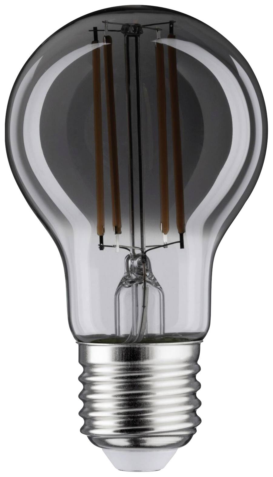 Eine Glühbirne mit sichtbaren Glühfäden und einem metallischen Sockel, die nicht eingeschaltet ist.