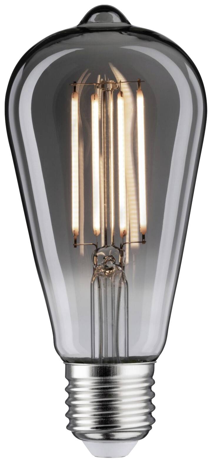 Eine eingeschaltete, klassische Glühbirne mit sichtbarem Glühfaden, strahlt warmes Licht aus. Sie ist tropfenförmig und transparent.
