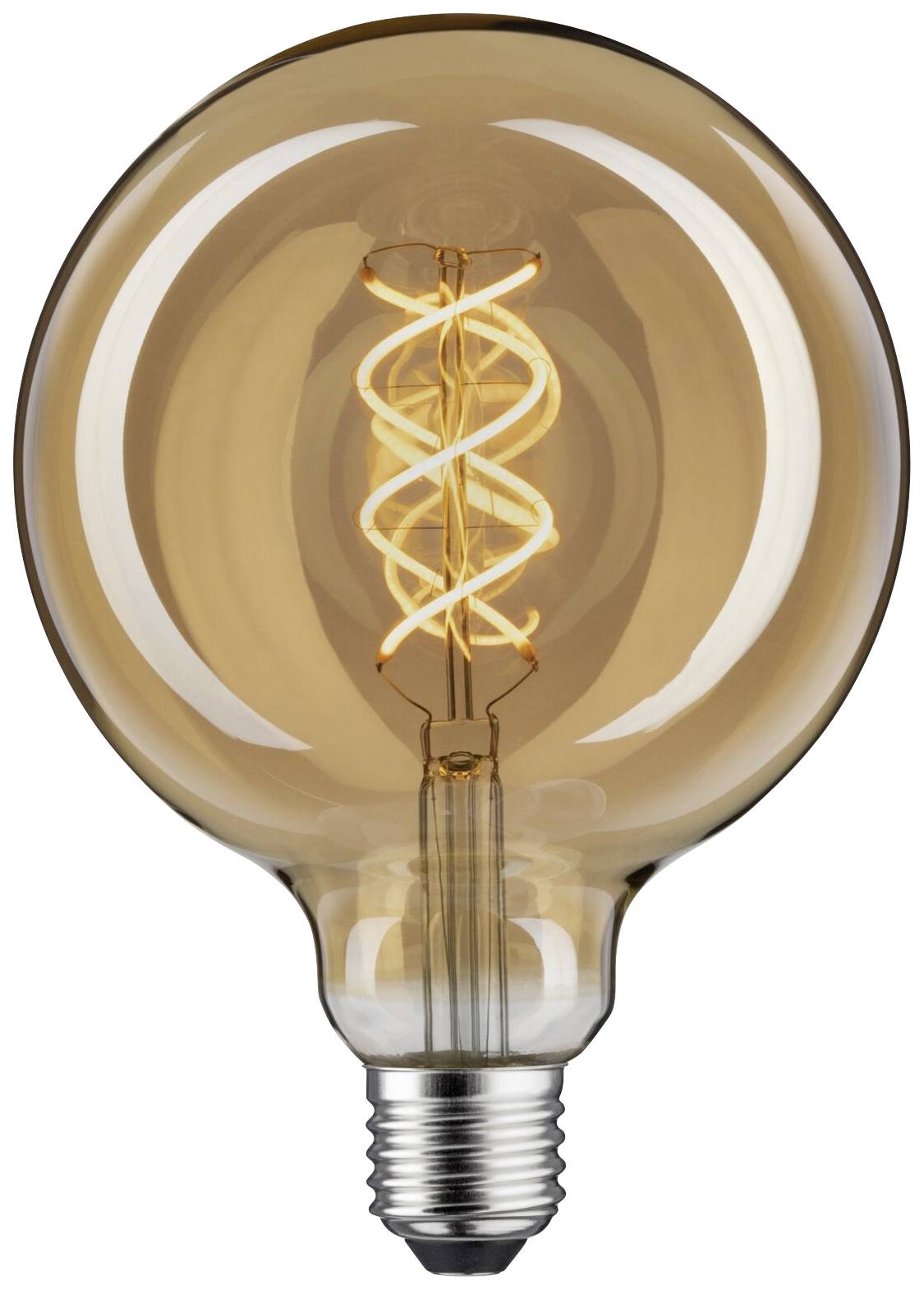 Eine spiralförmige LED-Glühbirne, die warmes Licht ausstrahlt. Sie hat eine klare, runde Form mit sichtbarem Glühfaden im Inneren.