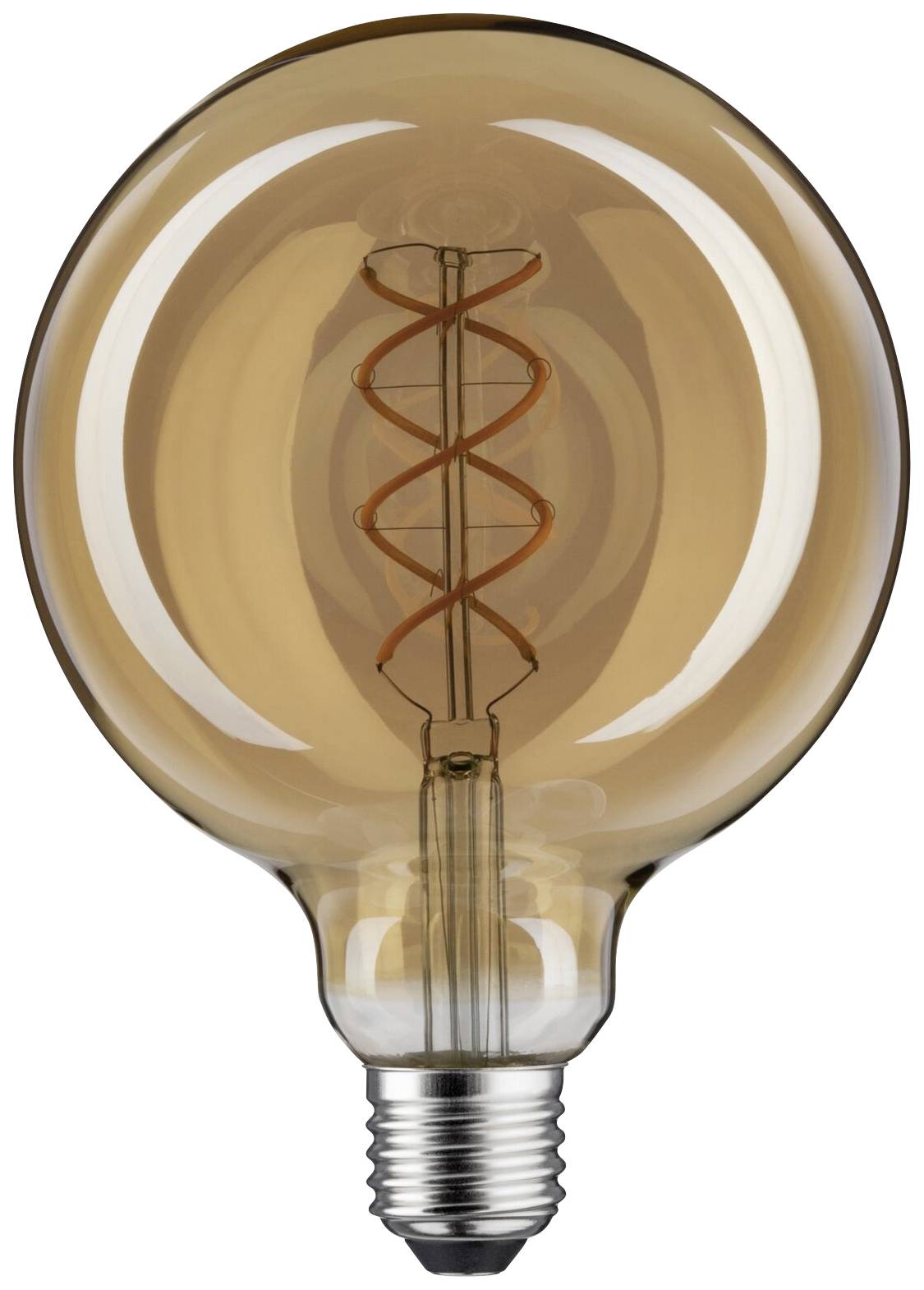 Eine Glühbirne mit sichtbarem, spiralförmigem Filament und einem warmen, bernsteinfarbenen Lichtton.