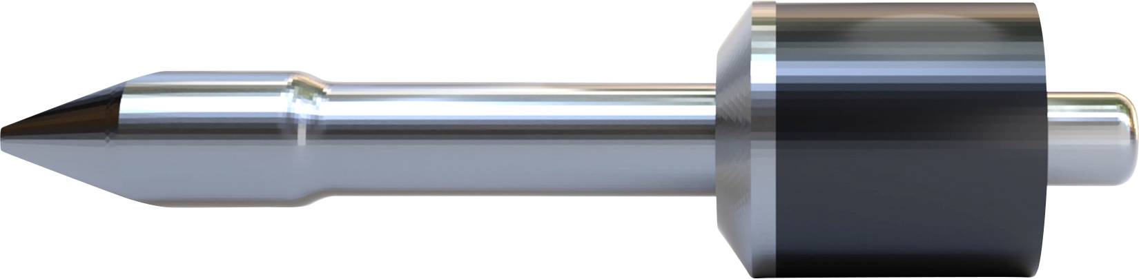 Ein spitz zulaufendes Metallwerkzeug mit zylindrischem Schaft und schwarzer Ummantelung, möglicherweise ein präzises Bearbeitungswerkzeug.