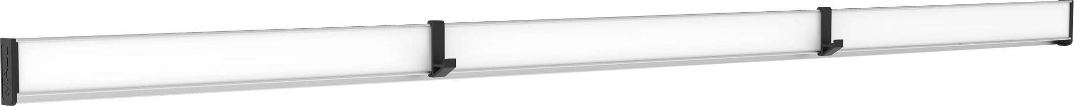 Ein langer, weißer Handlauf mit schwarzen Halterungen an beiden Enden und in der Mitte, geeignet für Wände zur Unterstützung von Personen.