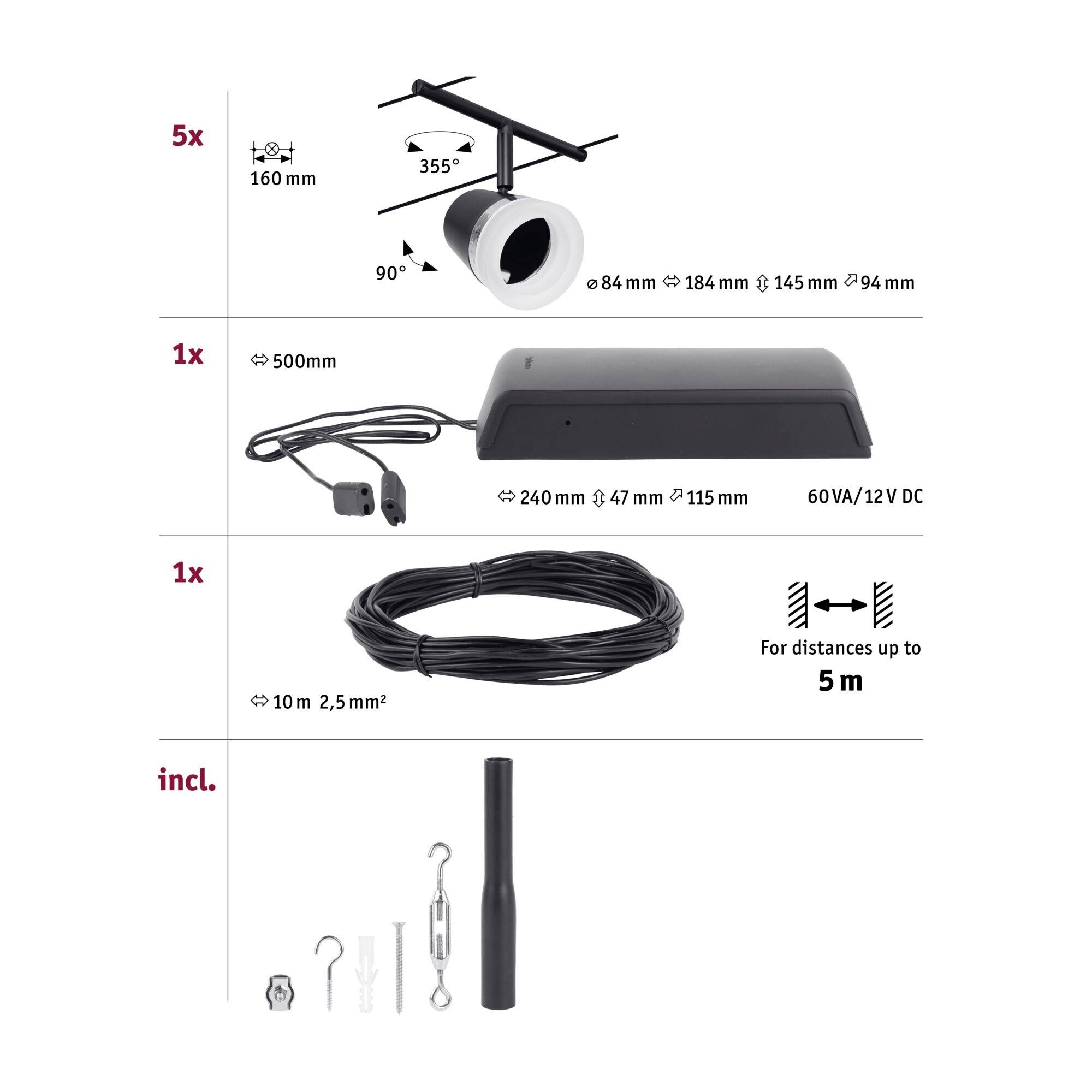 Paulmann WireDC Set Cone Seil-Basissystem GU5.3 Schwarz (matt), Chrom