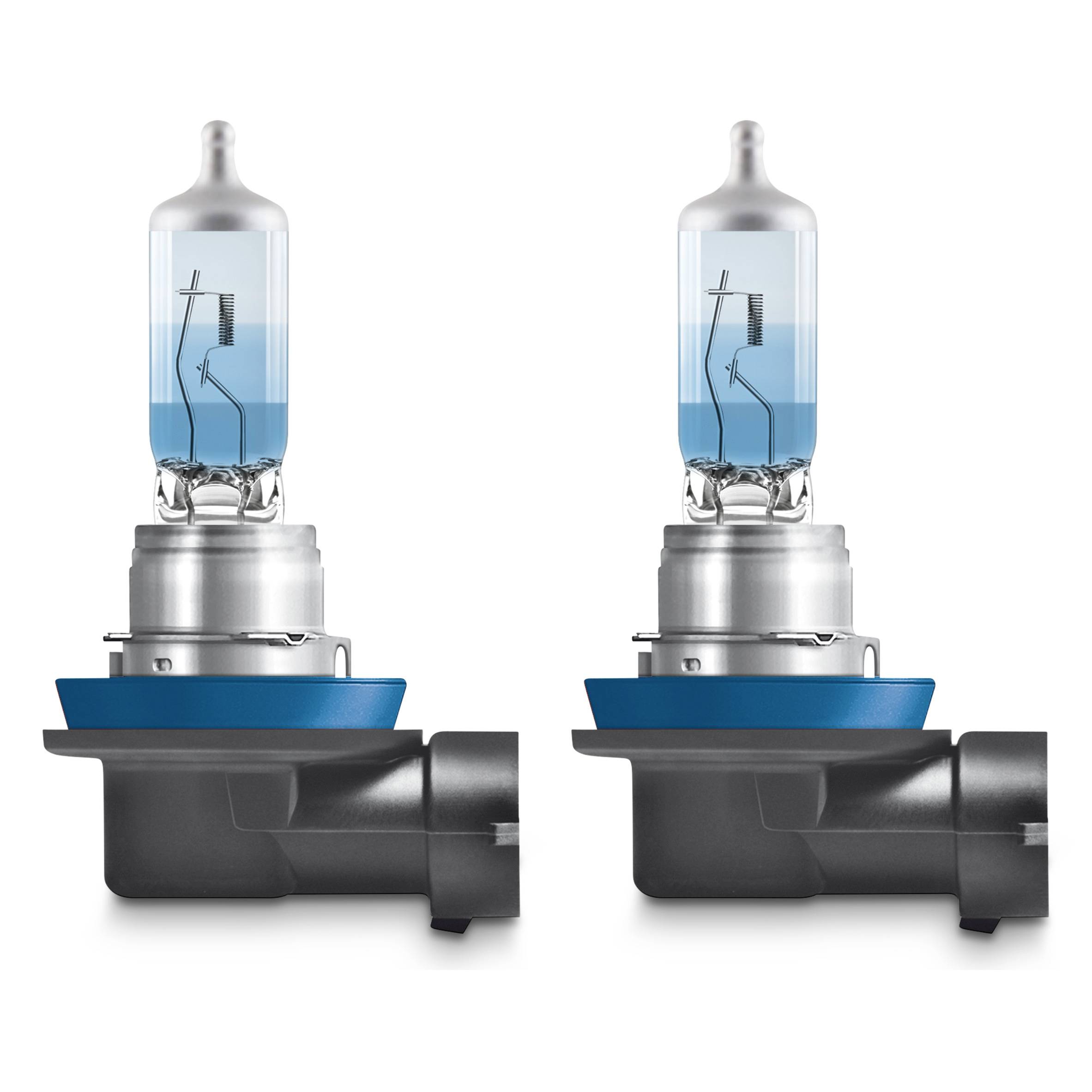 Zwei blaue Halogenlampen in silbernen Fassungen nebeneinander. Sie sind für Autoscheinwerfer vorgesehen.