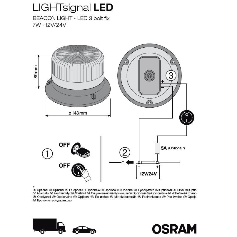 'LIGHTsignal LED', OSRAM Signallicht, Rund, 148mm Basis, 68mm Höhe. Anschlussdiagramm zeigt 12V/24V Versorgung, Schalter, optional 5A Sicherung.