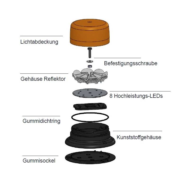 Explodierte Zeichnung einer LED-Leuchte mit Lichtabdeckung, Befestigungsschraube, Reflektor, 8 LEDs, Gummidichtring, Gehäuse und Sockel.