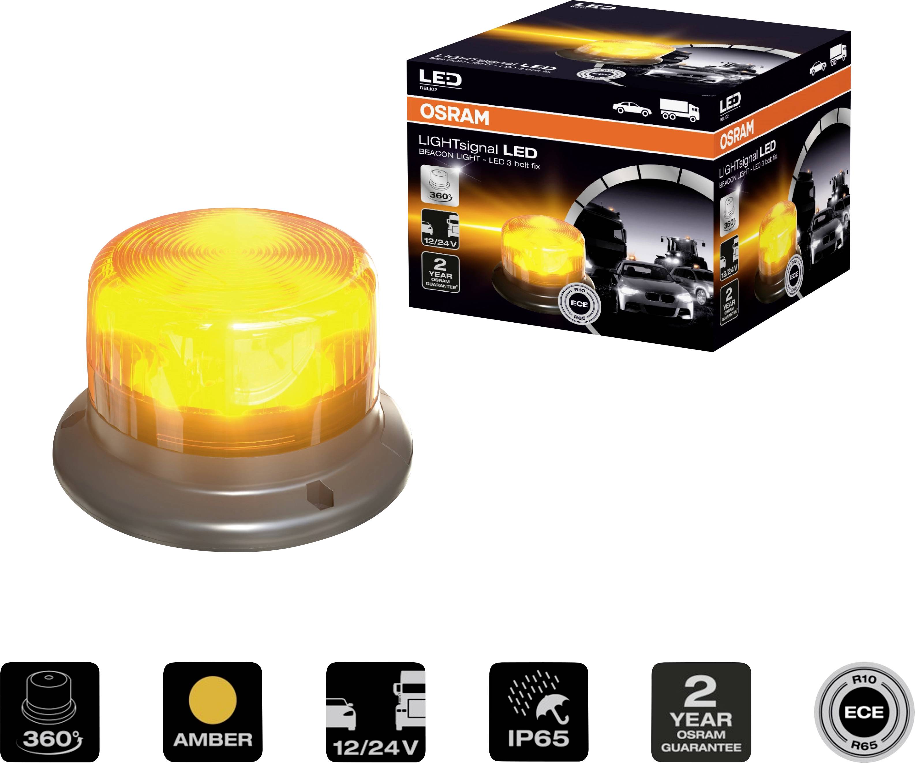 LED-Warnleuchte 'LIGHTsignal LED' von Osram: Gelb, 360° Sichtbarkeit, kompatibel mit 12/24V, IP65, 2 Jahre Garantie. Verpackung zeigt Leuchte im Einsatz.