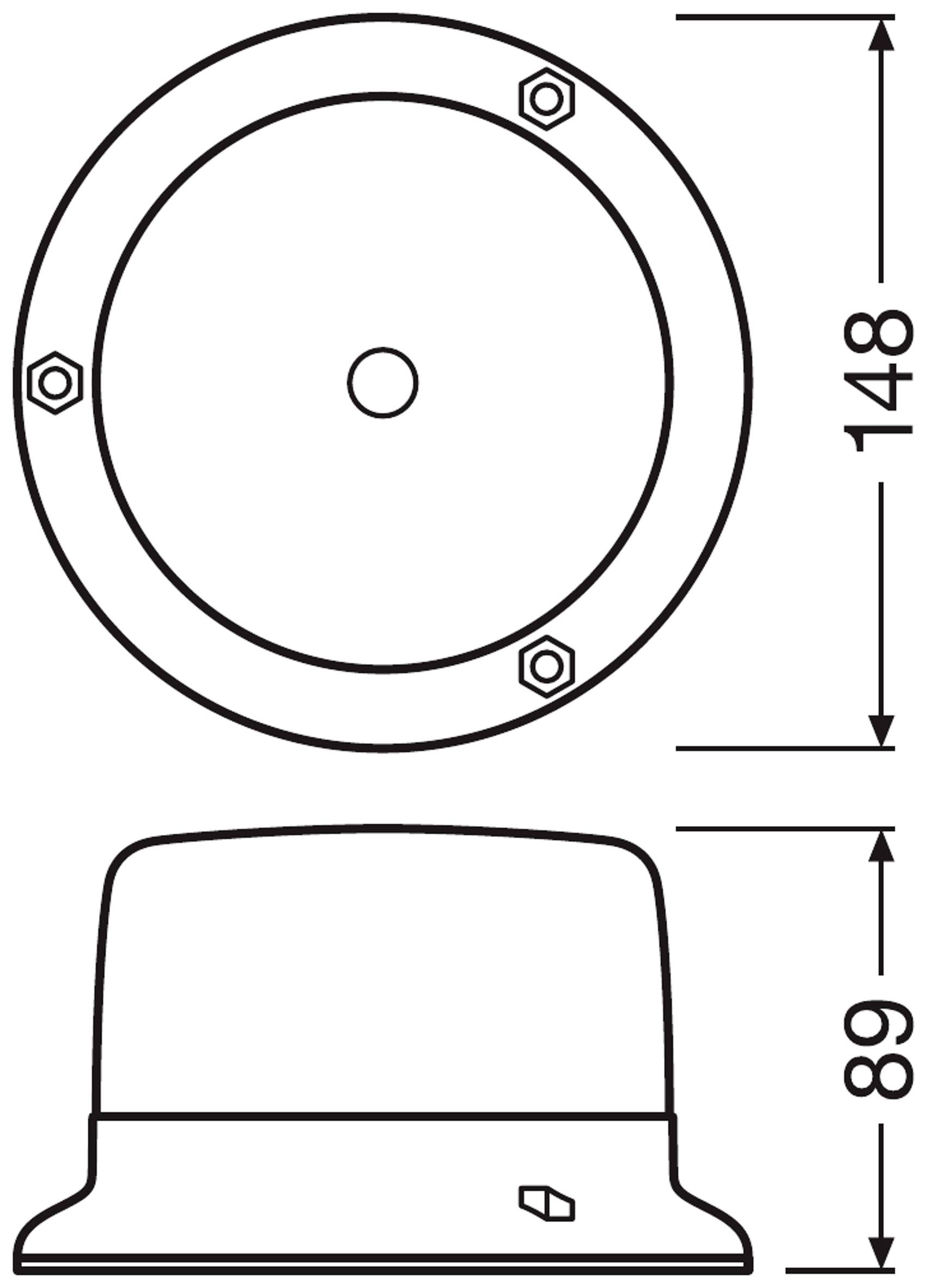 Die Zeichnung zeigt eine runde, flache Abdeckung mit einer Schraube in der Mitte. Die Maße sind 148 mm im Durchmesser und 89 mm in der Höhe.