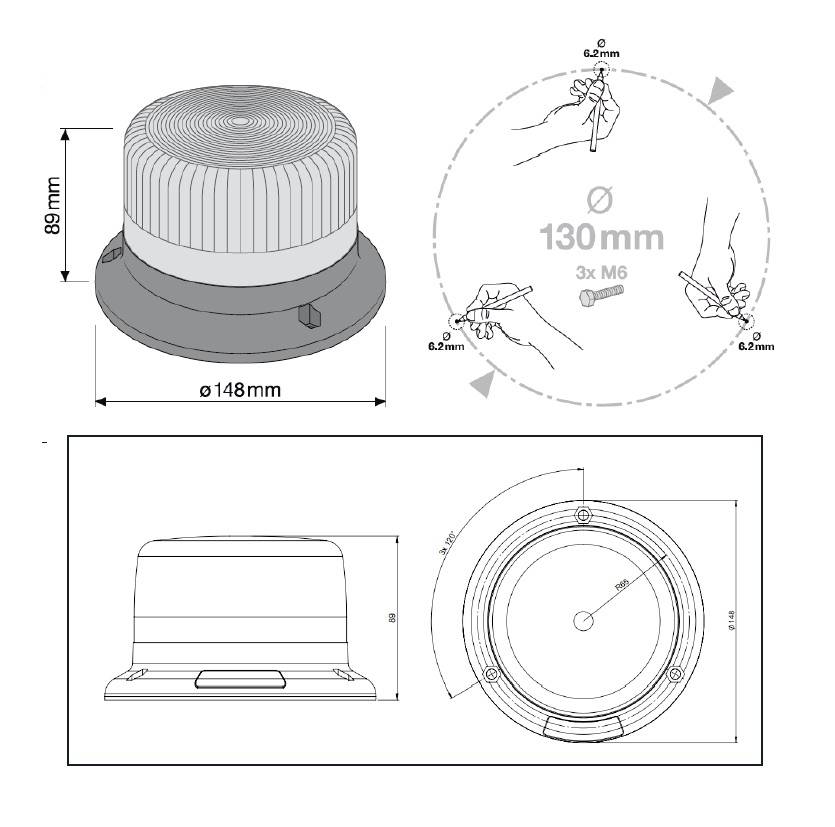 Illustration eines runden Gehäuses mit Abmessungen: Durchmesser 148 mm, Höhe 89 mm. Ansichten von oben, seitlich, unten. Verbindungsstellen für Schrauben gezeigt.