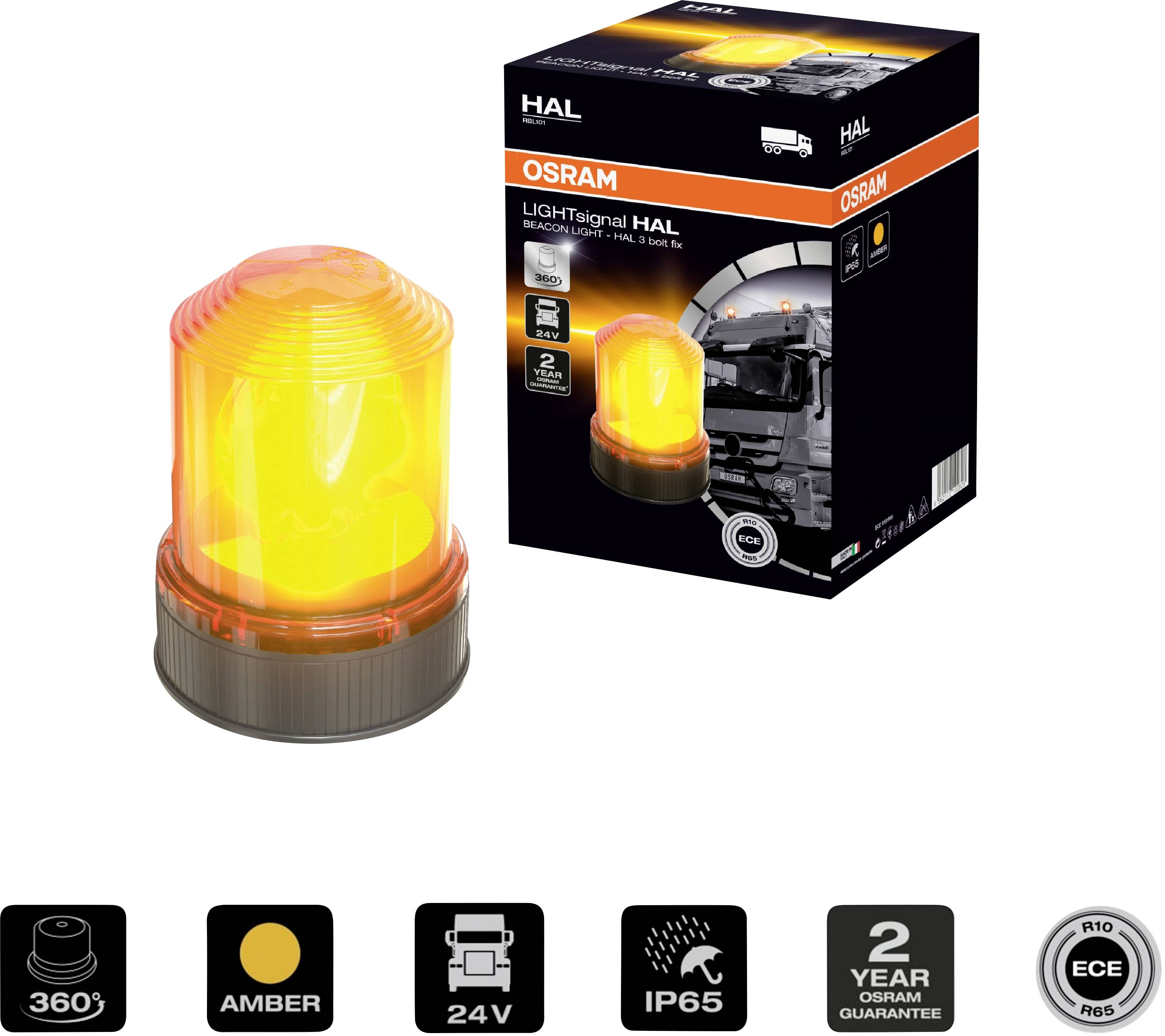 Eine OSRAM Leuchte in bernsteinfarben, mit Verpackung. Geeignet für 24V, IP65, 360° Licht, 2 Jahre Garantie. Ideal für Fahrzeuge.