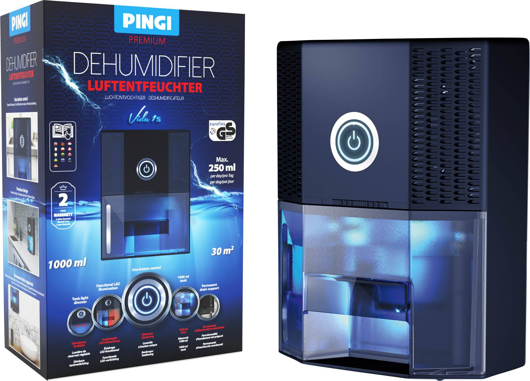 PINGI Vida 1S Luftentfeuchter 30m² 0.25 l/Tag Schwarz