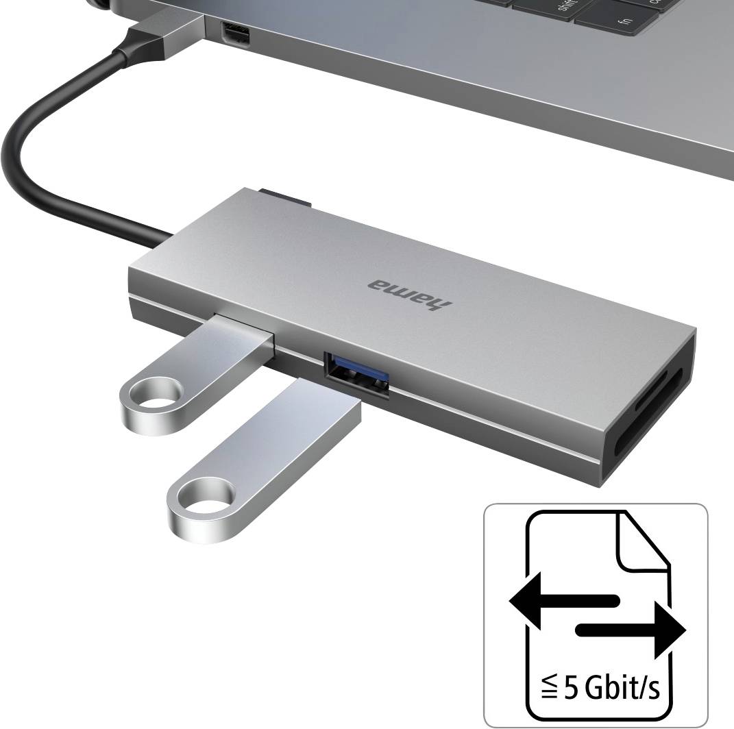USB-C-Hub angeschlossen an Laptop. Zwei USB-Sticks eingesteckt. Piktogramm zeigt Datenübertragungsrate bis zu 5 Gbit/s.