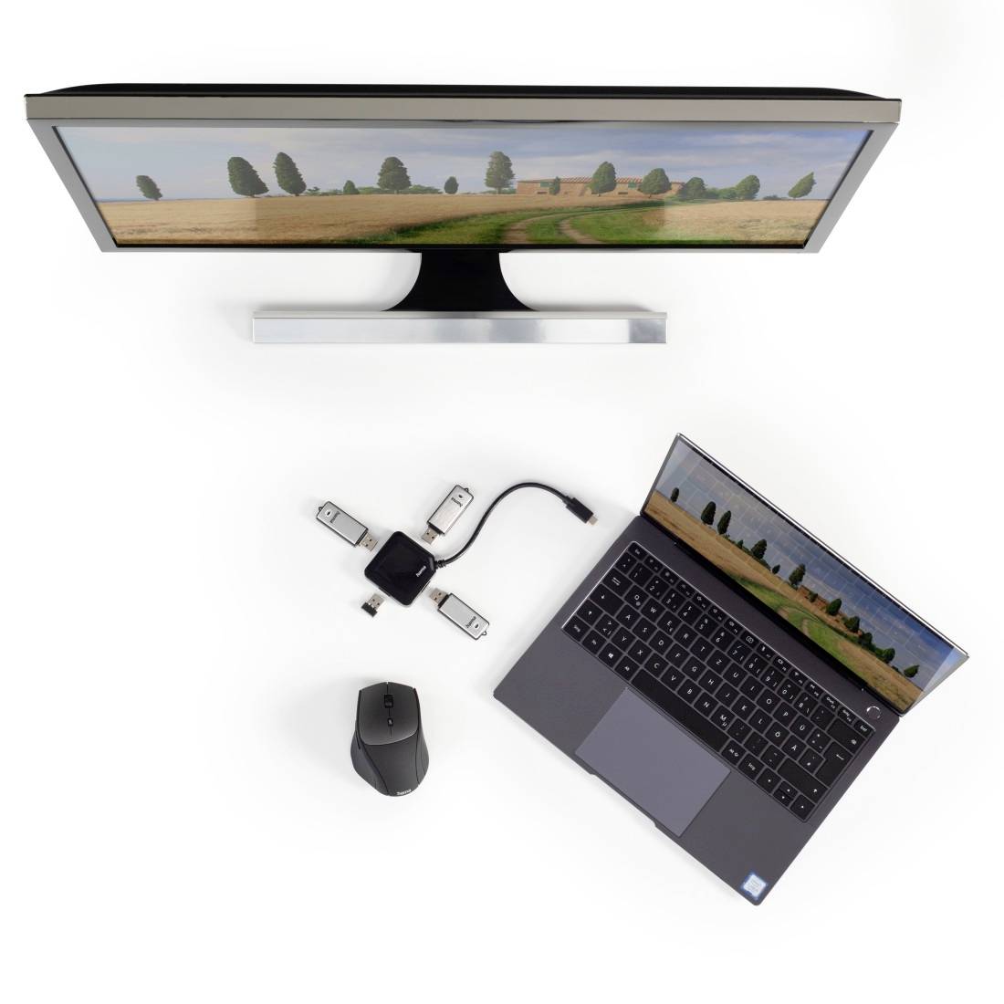 Laptop und Monitor, beide mit einer Landschaft als Hintergrundbild. Eine kabellose Maus und ein USB-Hub sind daneben platziert.