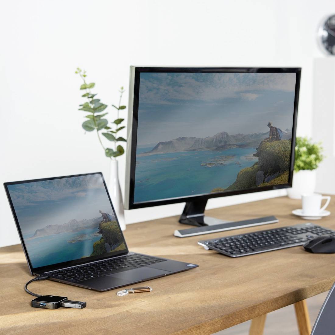 Ein Schreibtisch mit einem Laptop und einem großen Monitor, die dasselbe Landschaftsbild anzeigen. Daneben liegen eine Tastatur und eine Maus.