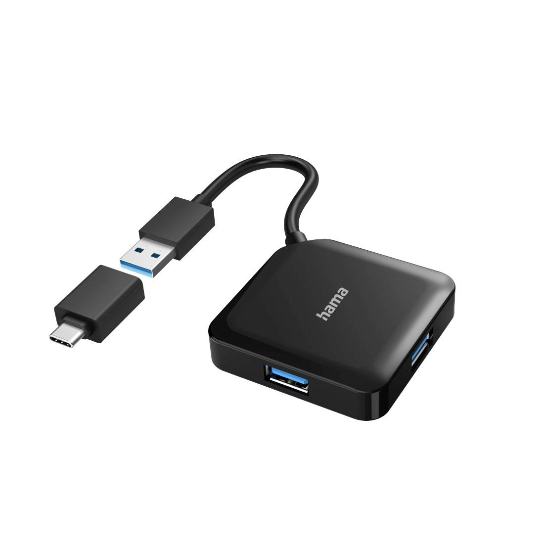 Ein schwarzer USB-Hub mit der Aufschrift 'Hama', zeigt drei USB-Anschlüsse. Ein Kabel mit USB-C-Stecker ist angeschlossen.