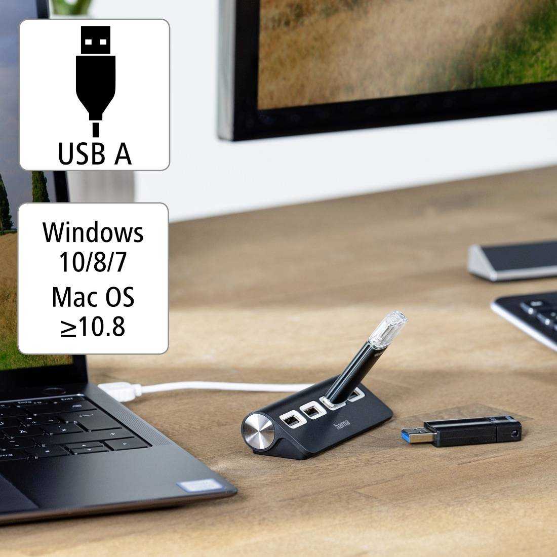 Computerarbeitsplatz mit Laptop, Kabel-Dockingstation und USB-Stick. Kompatibel mit Windows 10/8/7 und Mac OS 10.8.