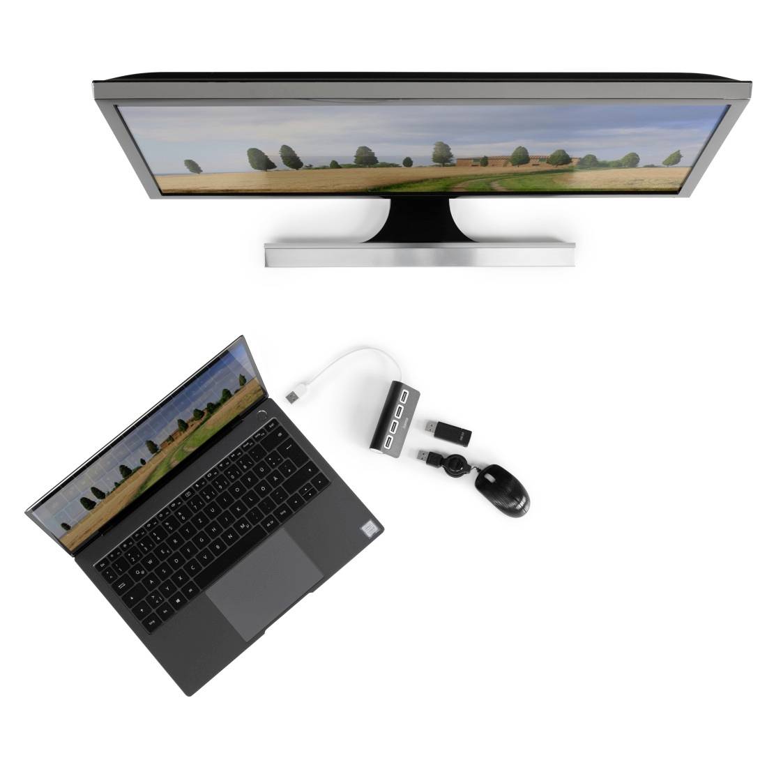 Ein Laptop und ein Monitor auf einem Tisch, verbunden durch einen USB-Hub. Beide Bildschirme zeigen dieselbe Landschaftsszene.