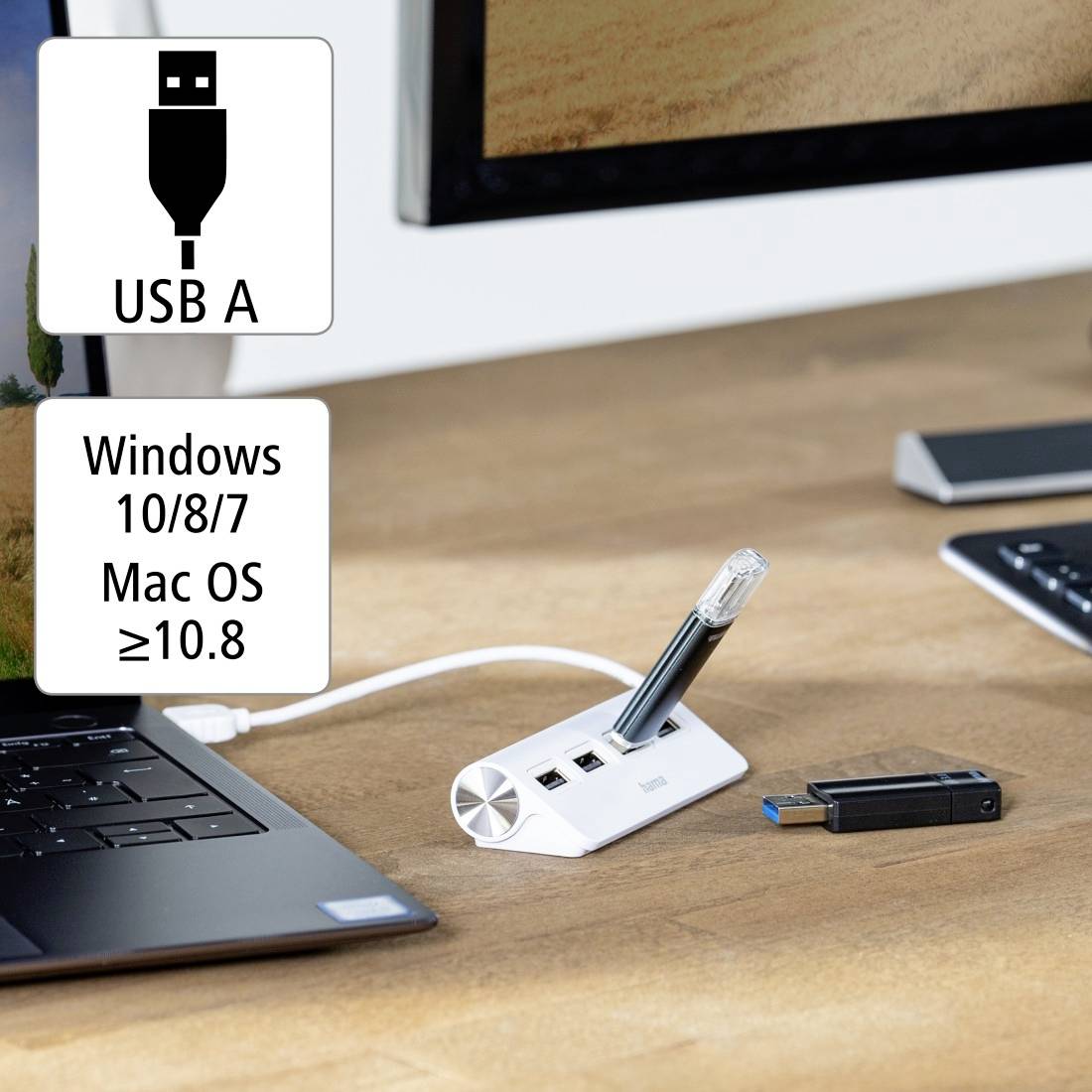 USB-Hub auf einem Schreibtisch, verbunden mit einem Laptop. Unterstützt Windows, Mac OS. Enthält mehrere USB-Anschlüsse.