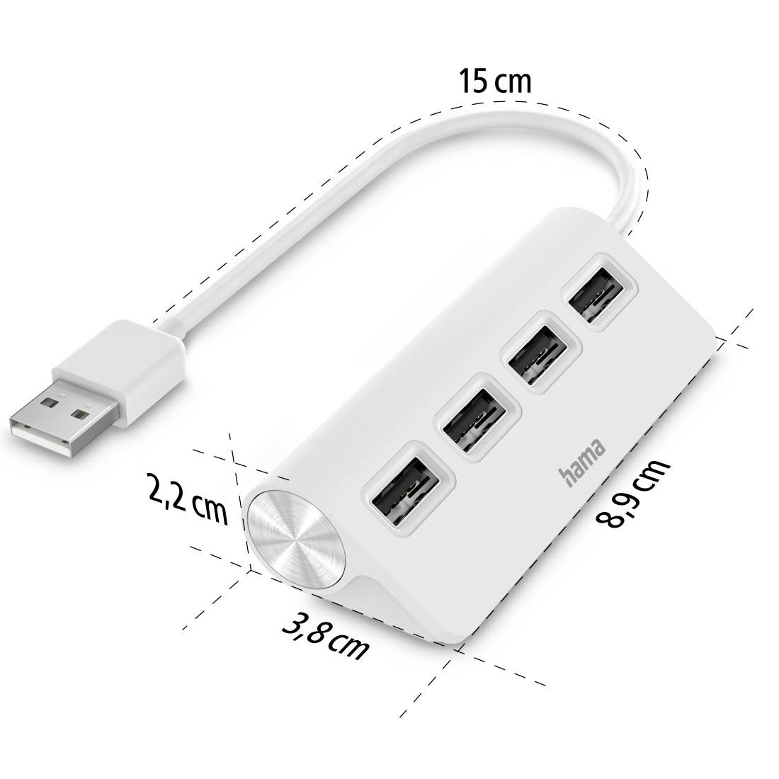 USB-Hub mit 4 Anschlüssen; Maße: 15 cm Kabellänge, 8,9 cm Länge, 3,8 cm Breite, 2,2 cm Höhe; Farbe: Weiß; Marke: Hama.