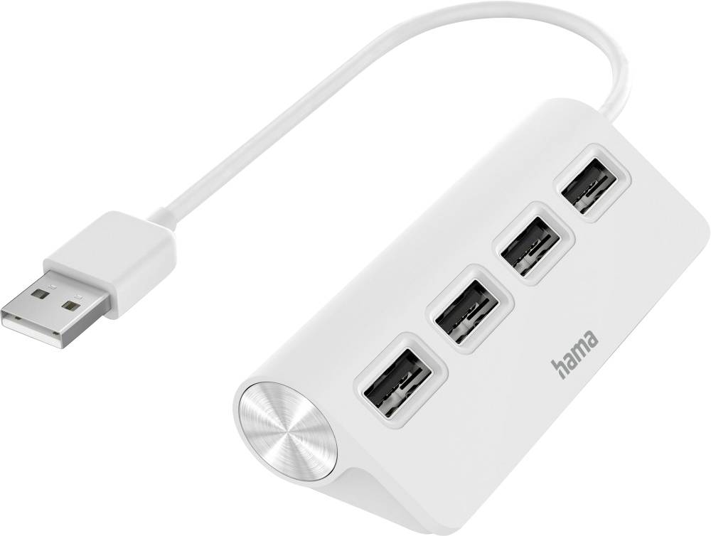 Ein weißer USB-Hub mit vier Anschlüssen und kurzem Kabel, geeignet zum Anschließen mehrerer Geräte an einen Computer.