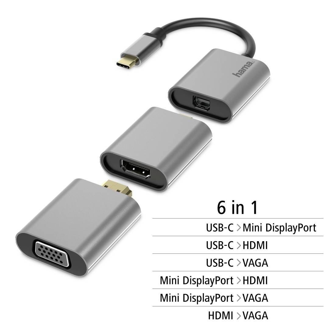 6-in-1-Adapter mit USB-C, Mini DisplayPort, HDMI und VGA. Ermöglicht vielseitige Anschlüsse für verschiedene Geräte.