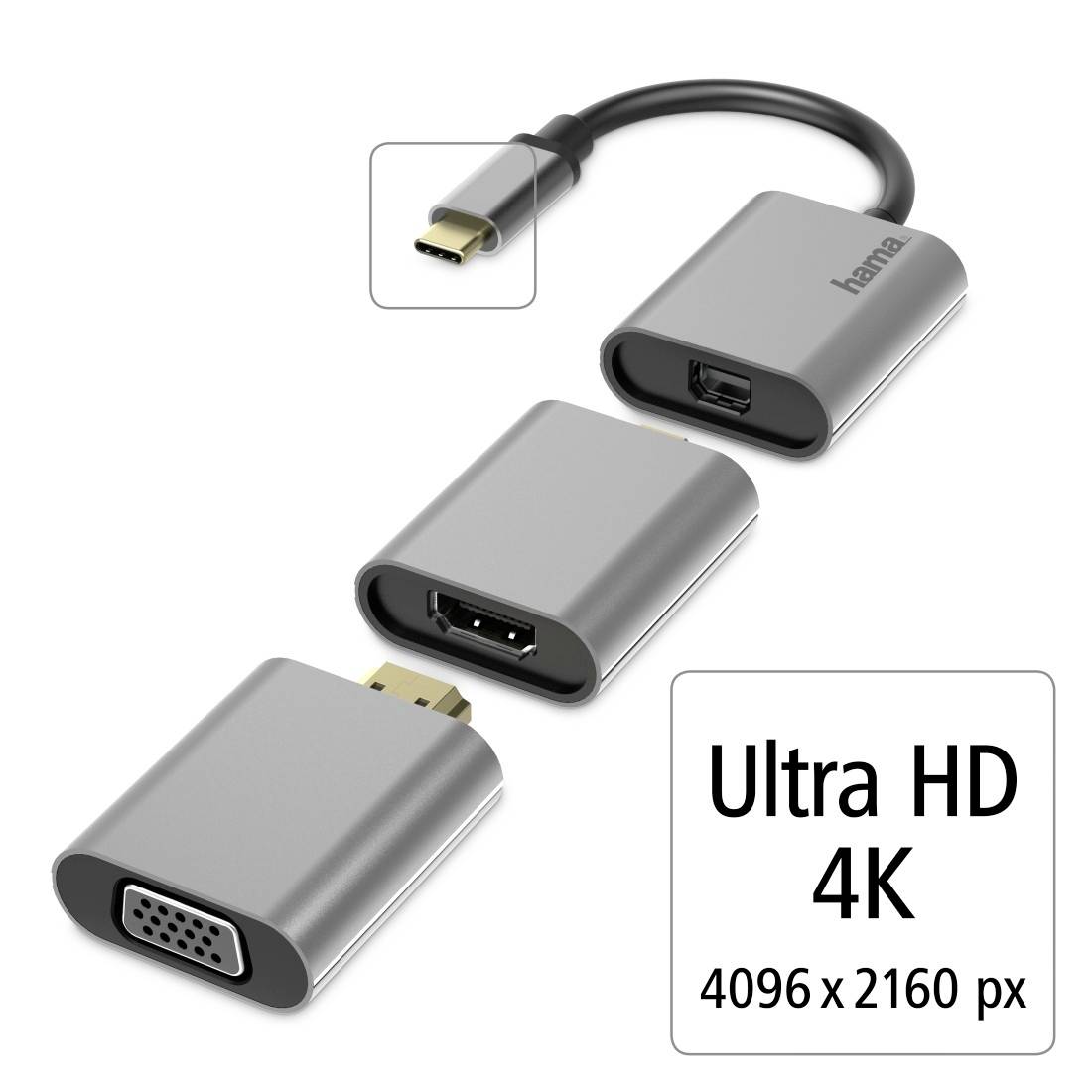 Adapter-Kit: Drei Adapter mit USB-C zu VGA, HDMI und DisplayPort ermöglichen die Verbindung von Geräten mit Ultra HD 4K-Auflösung.