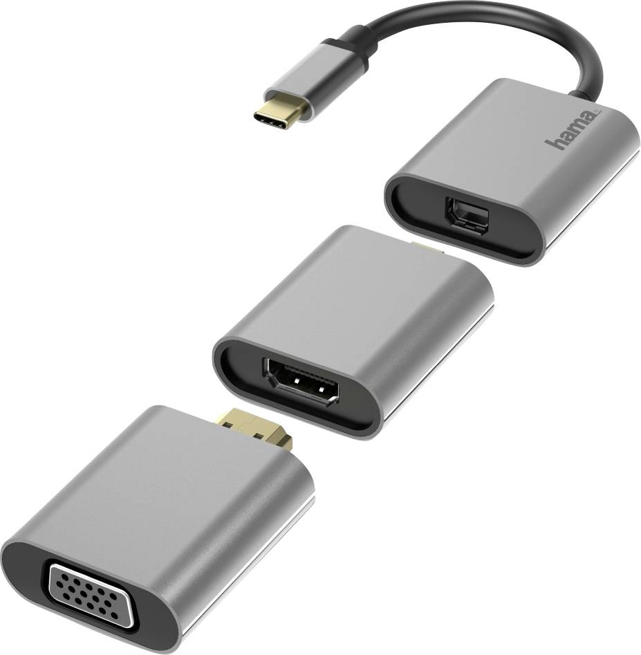 Ein USB-C-Adapter mit drei verschiedenen Anschlüssen: HDMI, VGA und ein weiterer Anschluss. Zum Anschluss von Geräten an Bildschirme.