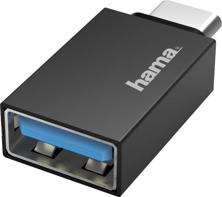 Schwarzer USB-C-Adapter mit USB-A-Port in blauer Farbe, Marke Hama.