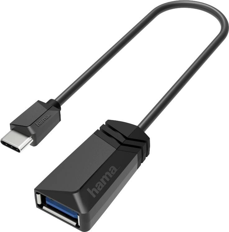 USB-C-zu-USB-A-Adapterkabel in Schwarz mit Hama-Logo. Verbindet USB-C-Geräte mit USB-A-Anschlüssen.