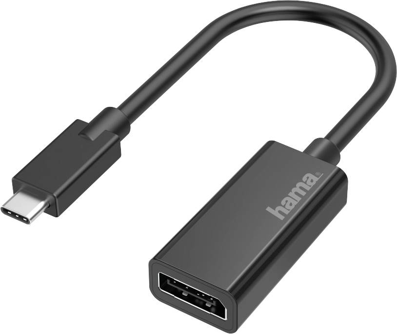 Ein schwarzes USB-C-zu-HDMI-Adapterkabel der Marke 'Hama', das den Anschluss von HDMI-Geräten an USB-C-fähige Geräte ermöglicht.