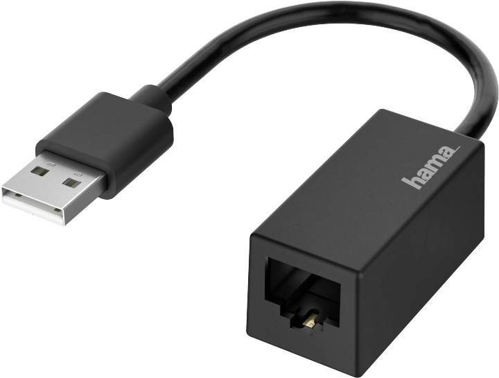 Ein schwarzer USB-zu-Ethernet-Adapter von 'hama', mit einem USB-Stecker auf der linken Seite und einem Ethernet-Port auf der rechten Seite.