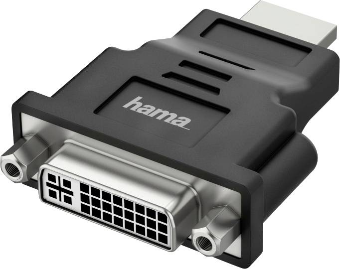 Adapter mit HDMI-Stecker auf DVI-Buchse, schwarz mit Logo 'hama'. Verbindet HDMI-kompatible Geräte mit DVI-Bildschirmen.