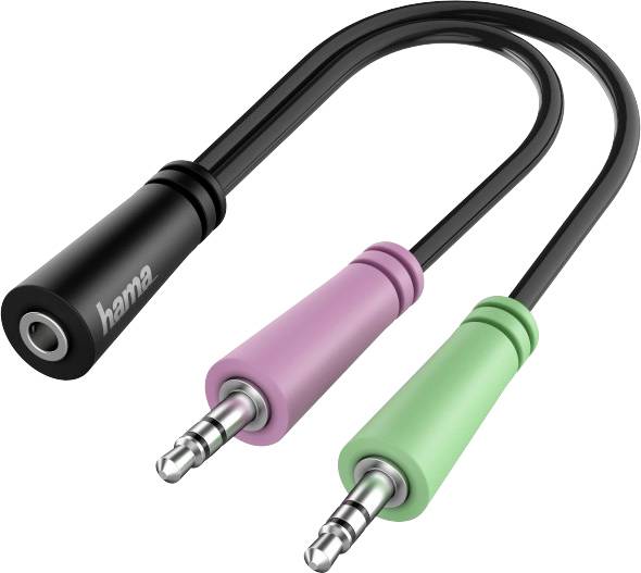 Ein schwarzer Audio-Adapter mit zwei farbigen Klinkensteckern: rosa und grün. Verbindet Kopfhörer mit Geräten, um Audio zu teilen.