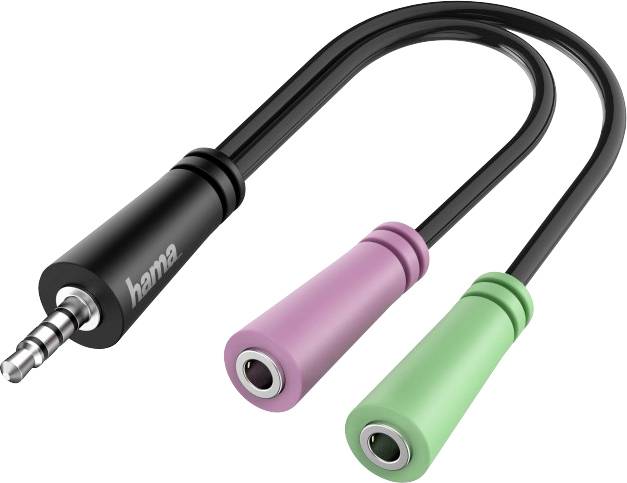 Ein schwarzer 3,5-mm-Klinkenstecker ist mit zwei Buchsen verbunden: eine rosa Buchse für Mikrofon, eine grüne für Kopfhörer.