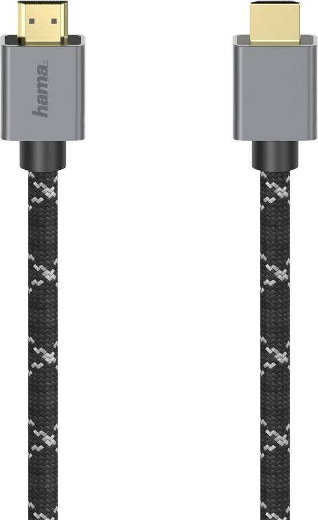Abbildung eines schwarzen HDMI-Kabels mit Metallsteckern, markiert mit 'hama'. Kabel ist geflochten für erhöhte Haltbarkeit.