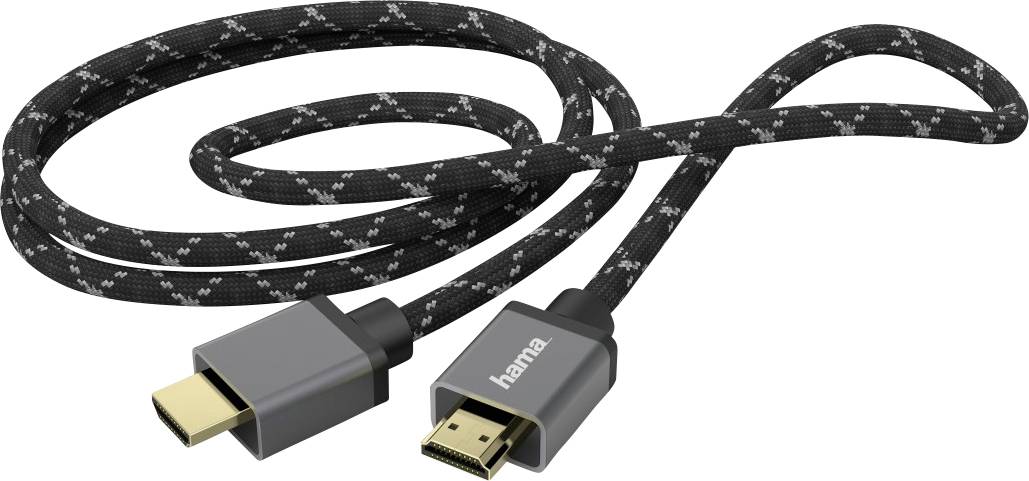 Ein HDMI-Kabel mit gewebtem Mantel und vergoldeten Anschlüssen, geeignet für Audio- und Videoübertragung.