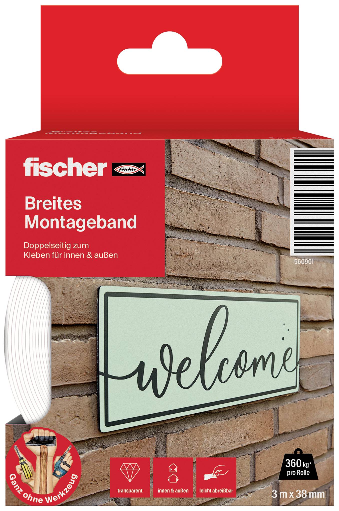 Breites doppelseitiges Montageband von Fischer. Verpackung zeigt montiertes Schild mit 'welcome' auf einer Ziegelwand. Geeignet für innen und außen.