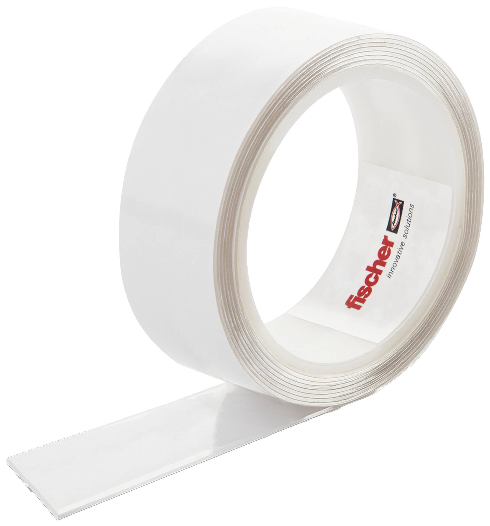 Transparente Klebestreifenrolle auf weißem Hintergrund, mit einem Teil der Rolle abgewickelt.